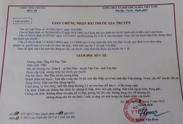 chứng nhận bài thuốc gia truyền